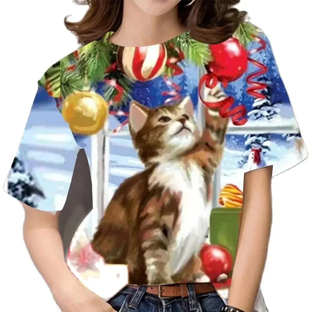 Plus size feminino natal t camisa 3d tripulação pescoço meninas manga curta topos coreia moda senhoras camisetas de natal roupas femininas