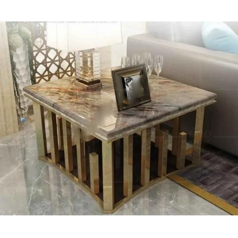 Modern Luxury Furniture Italian Design Side Table Shiny Stainless Steel Marble Side Table