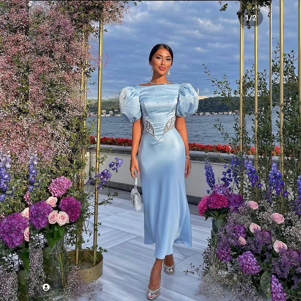 

Luxury Evening Dresses for Women Boat Neck Lantern Sleeves Mermaid Beading Arabic Blue Prom Dress Customized Formal Dresses