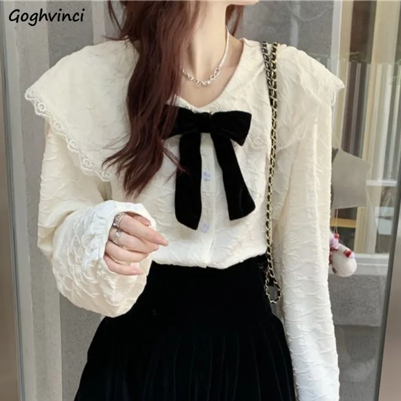 

Vintage Shirts Women Apricot Bow Lace Peter Pan Collar Long Sleeve Gentle Elegant Sweet Mujer Autumn Winter Popular Ulzzang Lady