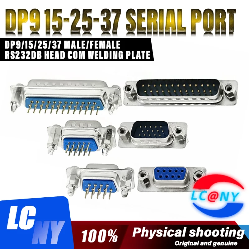 Conector de montagem de PCB D-Sub, macho e fêmea Plug, Pin reto, 180 graus, DB9, DP15, DP25, DP37, 9, 15, 25, 37, 5pcs