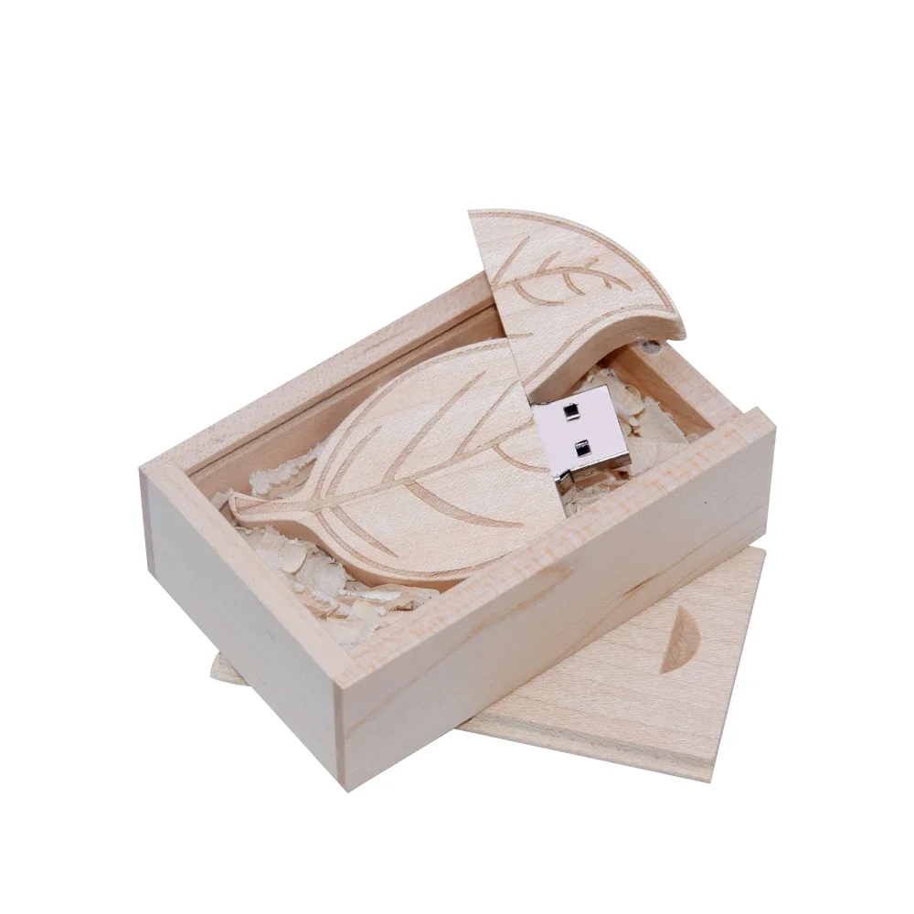 Tree Leaves USB 2.0 Flash Drive Wooden Gift Box Pen Drive Real Capacity Bamboo Memory Stick 64GB/32GB/16GB/8GB U Disk