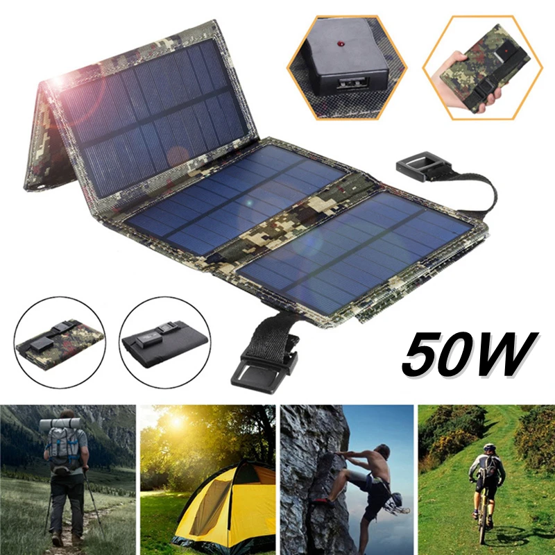 50W Portable Solar Panel Folding Solar Cell Foldable Waterproof 5V USB Port Charger Mobile Power Bank for Phone Battery Outdoor