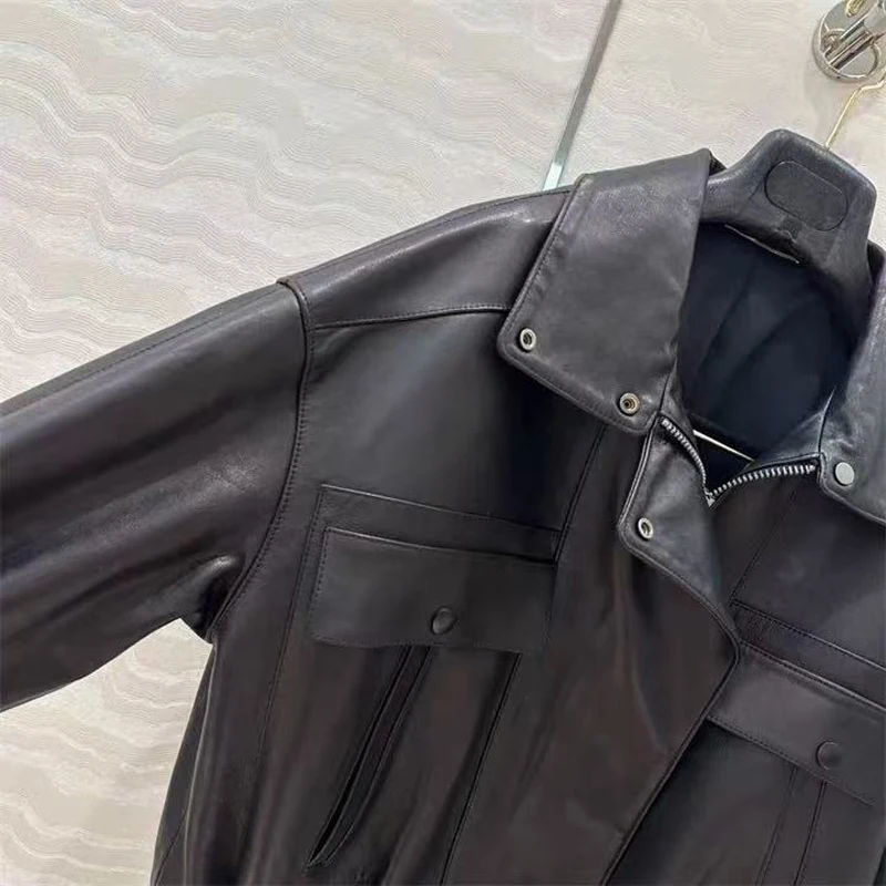 Neue Mode Leder Jacke für Frauen Echtem Schaffell Retro Lose Silhouette Kurzen Mantel Große Taschen Casaco Inverno Feminino