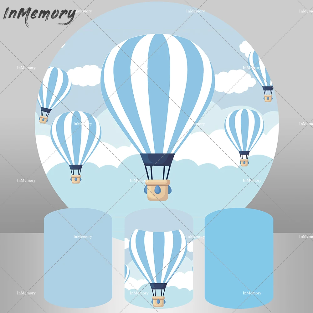 Blue Sky White Clouds Baby Shower Round Backdrop Cover for Hot Air Balloons Boy Birthday Party Decoration Candy Table Banner