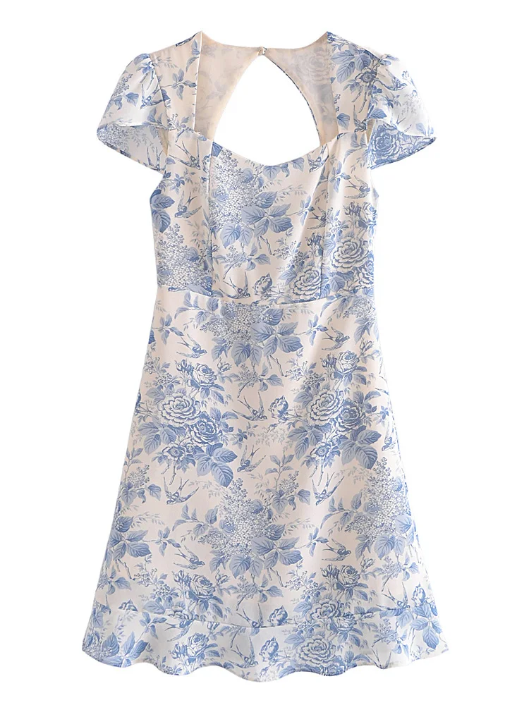 Zomer Jurken 2022 Vrouwen Sweetheart Hals Vogel En Bloemen Print Vintage Elegante Jurk Terug Uitsnede Cap Mouw Chiffon Midi jurk