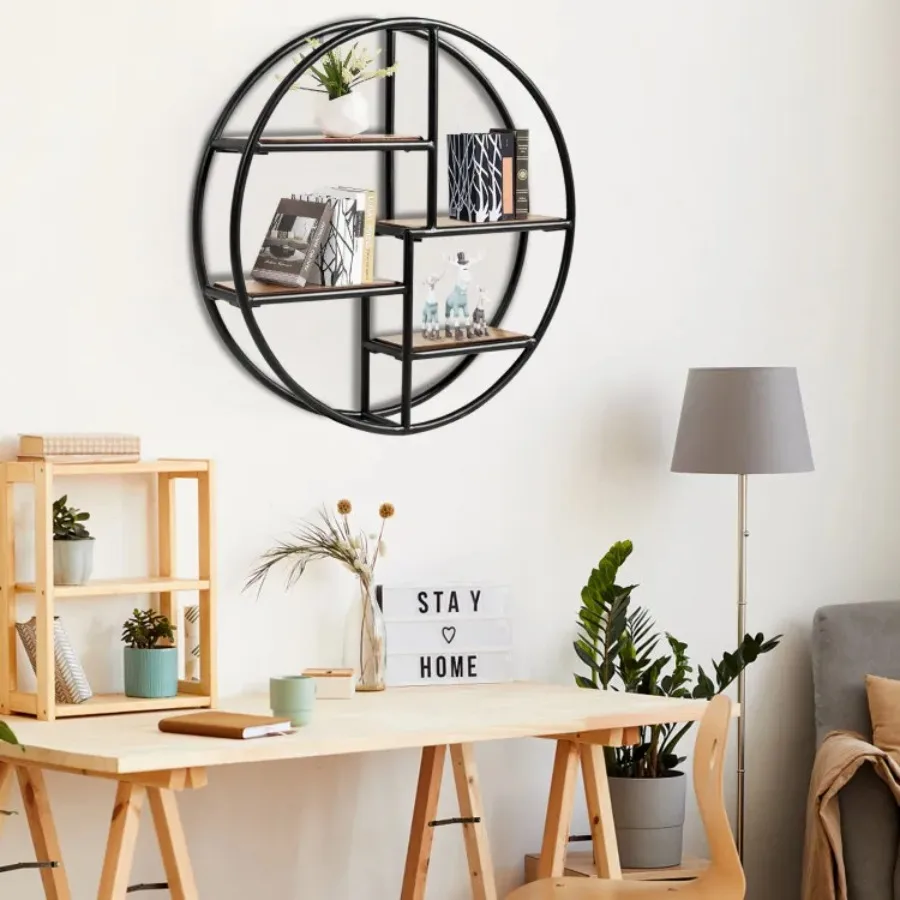 Circular Wall-Mounted 4-Tier Hanging Storage Shelf Organizer Rustic Industrial Metal
