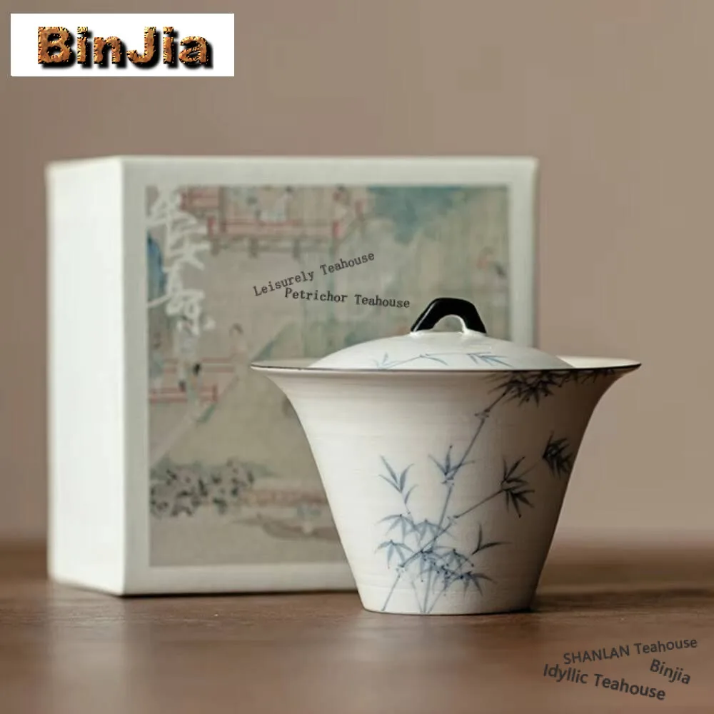 

150ml Hand-painted Ink Bamboo Gaiwan Aesthetic Pink Yin White Horseshoe Tea Tureen Tea Maker Cover Bowl Chinese Tea Set Craft