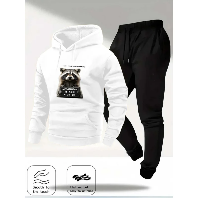 Hoodie Set White Raccoon Print I'm Not a Dog Sweatshirt and Black Pants Casual Comfortable Outfit for Men Women Everyday Wear