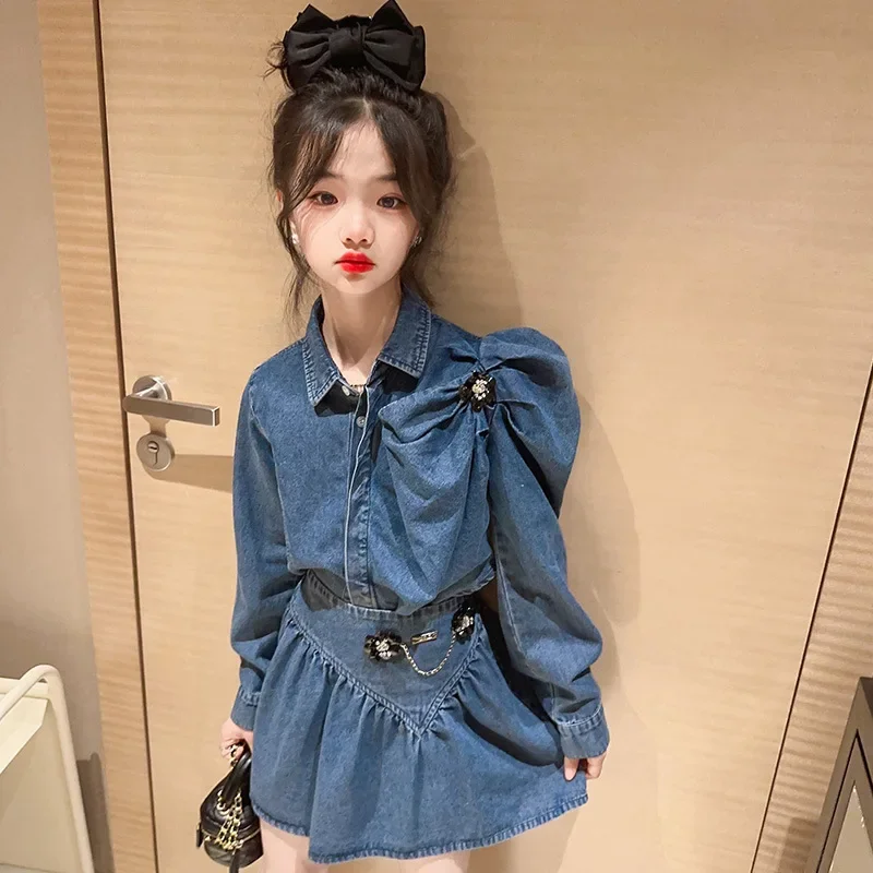 2024 Korean Spring Autumn Girl Children's Top And Bottom Set Junior Girl Denim Bubble Sleeve Tops+Skirt Girls 2PCS Clothes Set