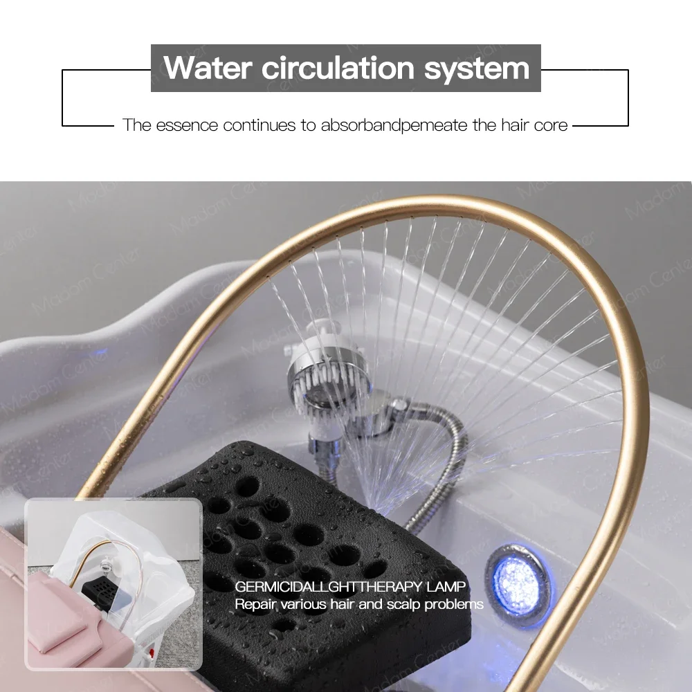 Przenośna miska do mycia włosów i fotel do salonu fryzjerskiego i spa z masażem głowy do użytku domowego.