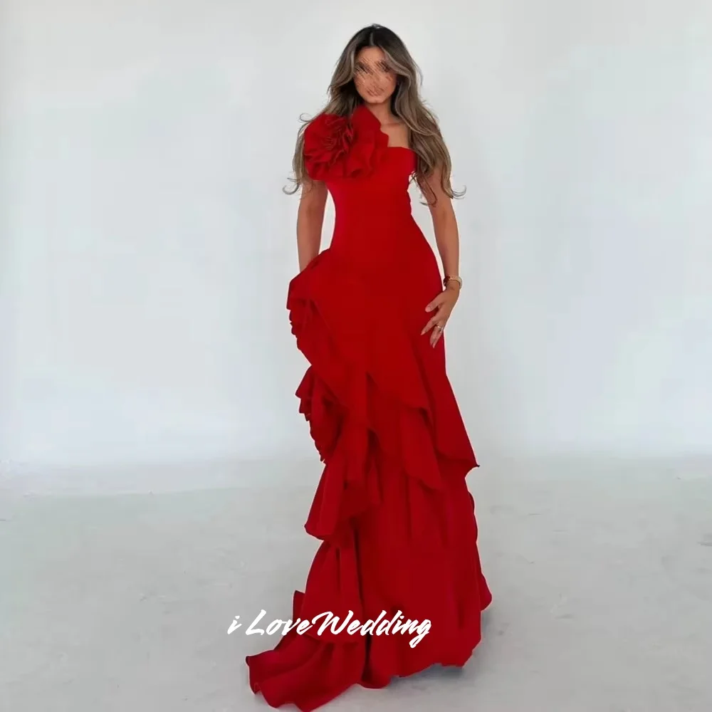 Red One Shoulder Evening Dresses 2025 Satin Flower Mermaid Tiered Prom Dress Pleated Floor-Length Wedding Party Dress Customized