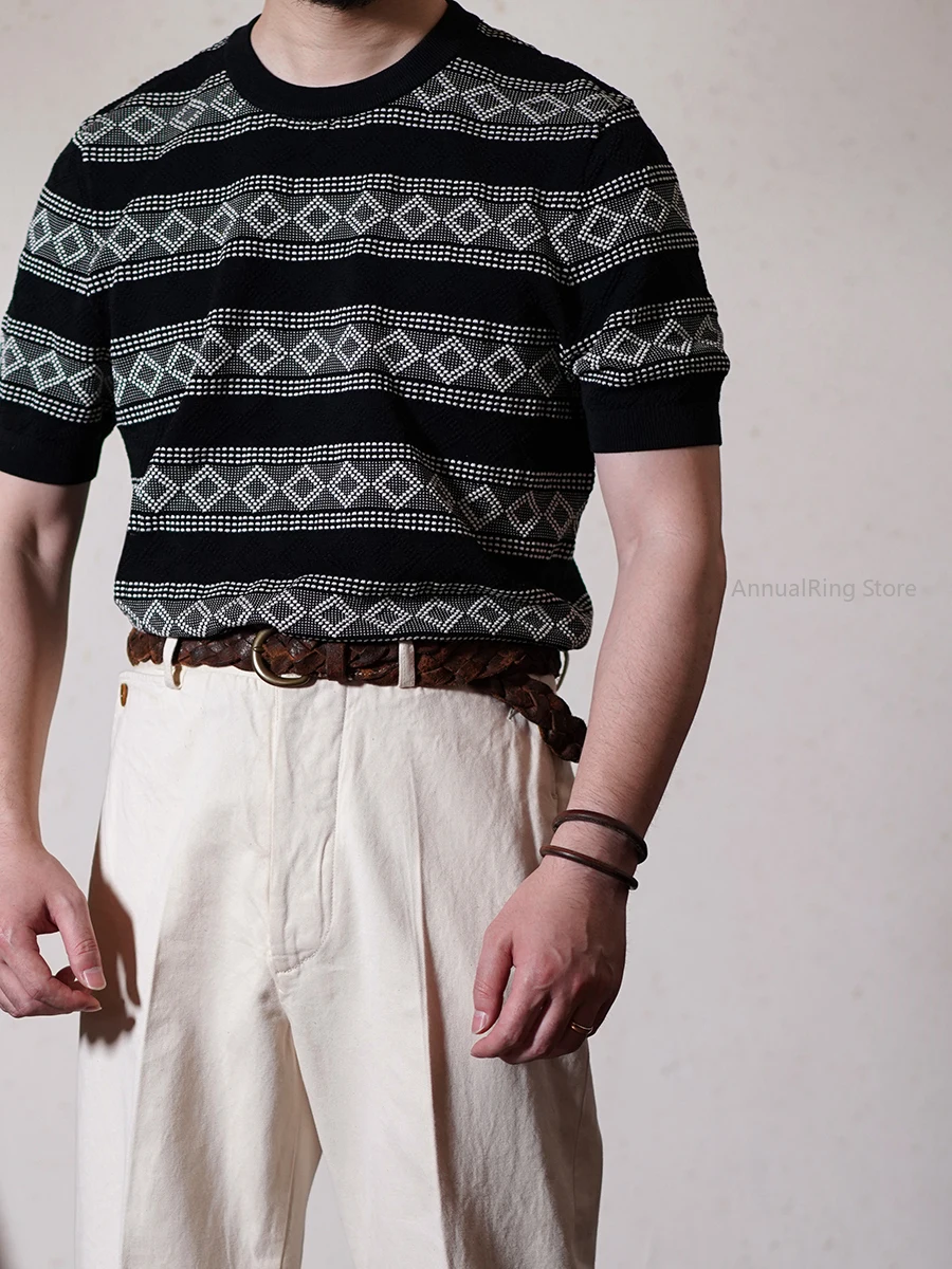 

AnnualRing Retro Jacquard Knitted Round Neck Short-sleeved T-shirt American Pure Cotton Original Casual Summer Shirt