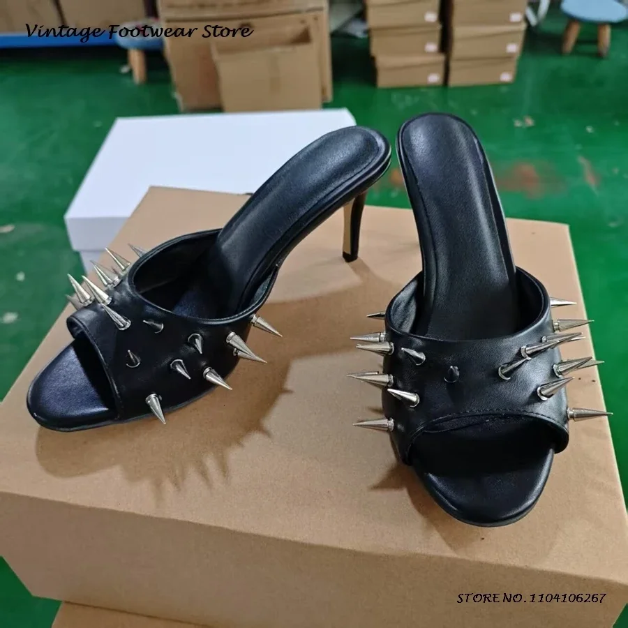 

Spikes High Heel Leather Mules Punk Style Round Open Toe Thin Heels Slippers 2025 Summer Street Style Pull On Women's Shoes