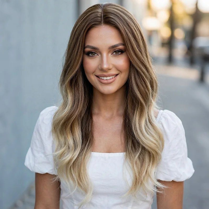 Synthetic Wig Ombre Brown Blonde Gradient Long Wavy Middle Part Hairstyle Natural Look For Daily Party Cosplay Costume Use