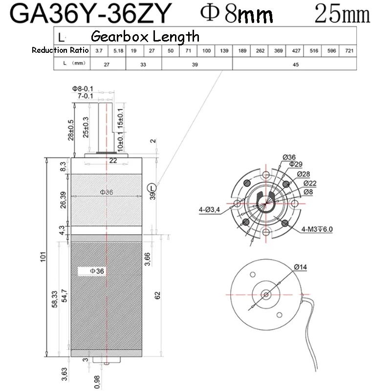 GA36Y-36ZY-1240 12V DC Geared Motor 5~1080 RPM 7W 0.58~70KG.CM Planetary Gear Brushed High Torque Miniature Speed Motor