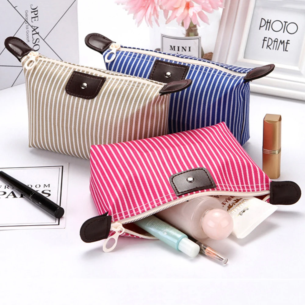 Saco cosmético de bolinho listrado para mulheres, Sacos de maquiagem, Folding Wash Bag, Estojo de maquiagem, Bolsa para telefone, Organizador de viagem