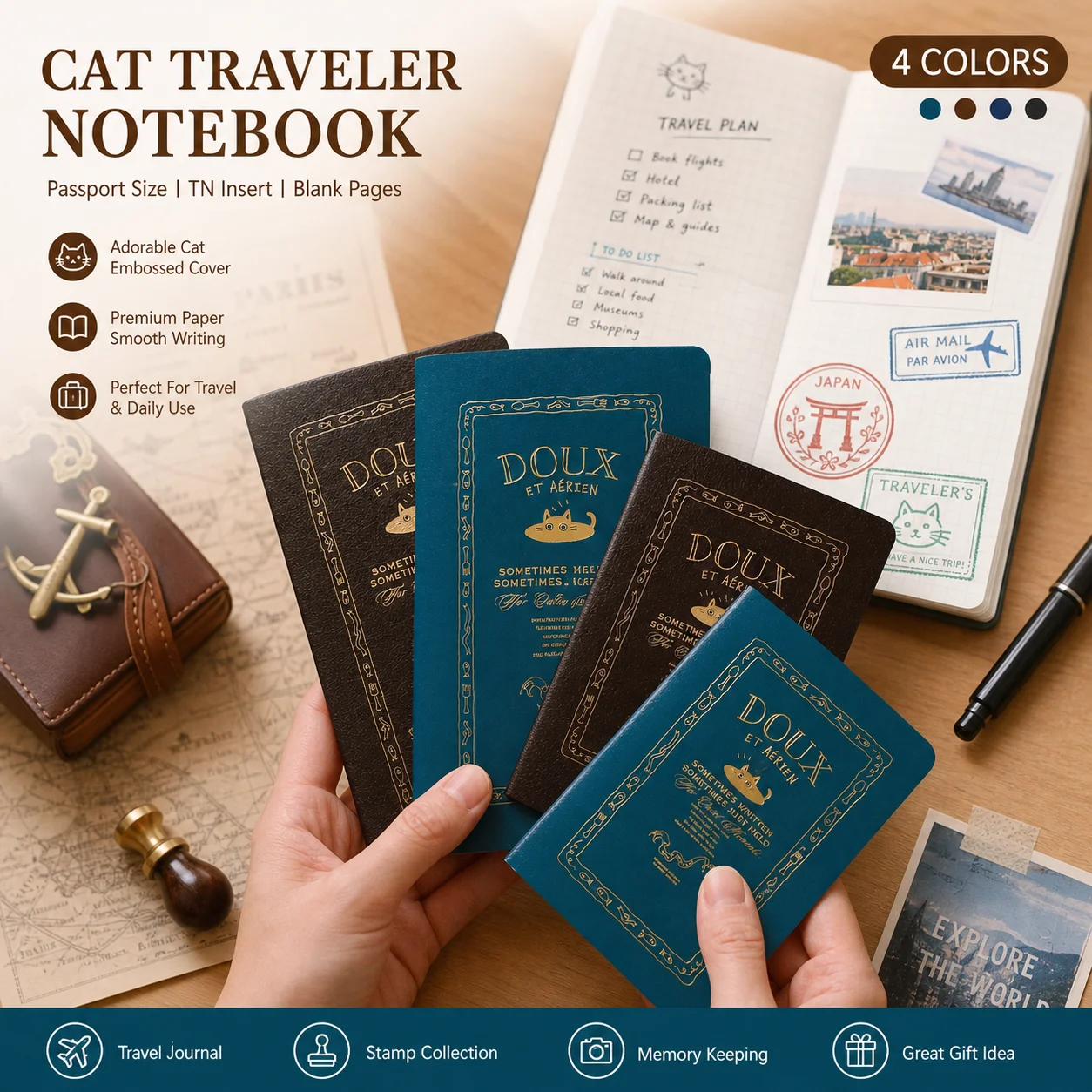 Standard Passport Size Cute Cat Leather Cover TN Travel Notebook Refill Blank Inner Page  Pocket Journal DIY Stationery Gift