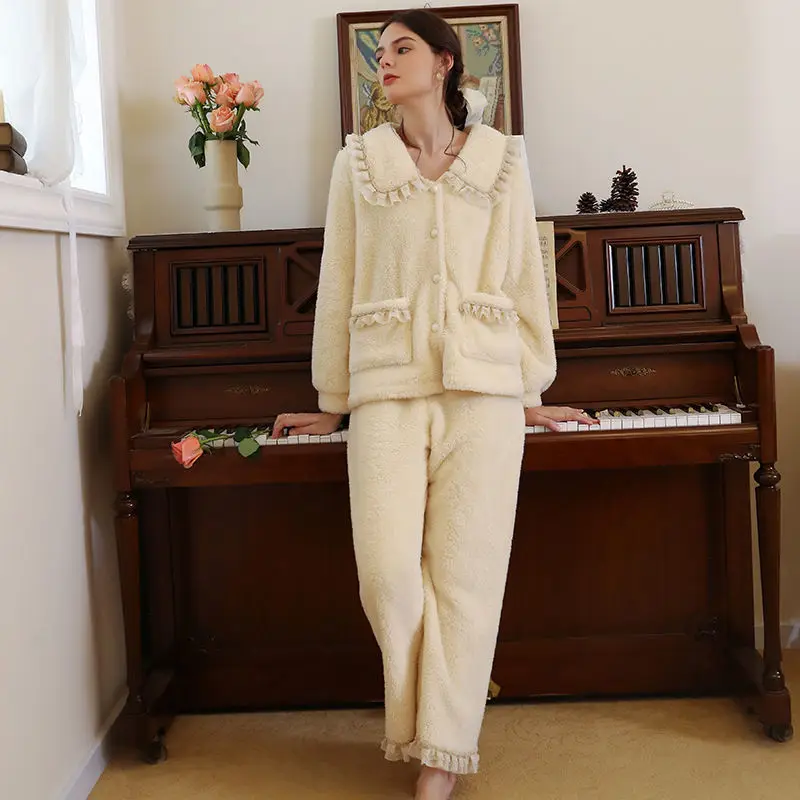 Women Coral Fleece Pajama Sets Winter Thicken Turn Down Collar Lace Princess Sleepwear Luxury Warm Flannel Pyjamas 2 Pcs Lounge