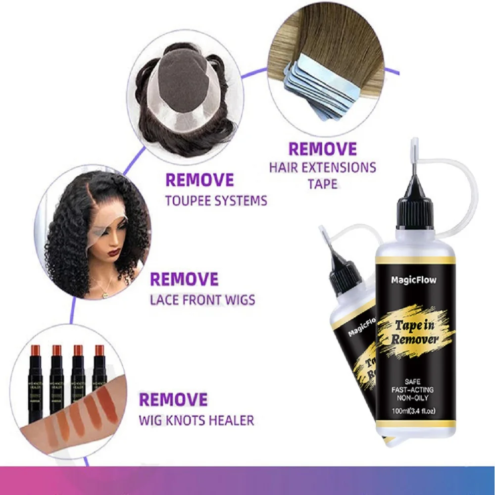 MagicFlow 100ml Tape in Remover - Easily Removes Lace Wigs, Clip-in Extensions, Hairline Glue, and Adhesive Resid Glue Remover