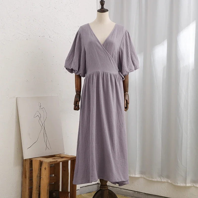 Muslin 100% Cotton Gauze Long Dress For Women Sexy V-Neck Sweet Puff Sleeve Bandage Chic Elegant Party Beach Sundress