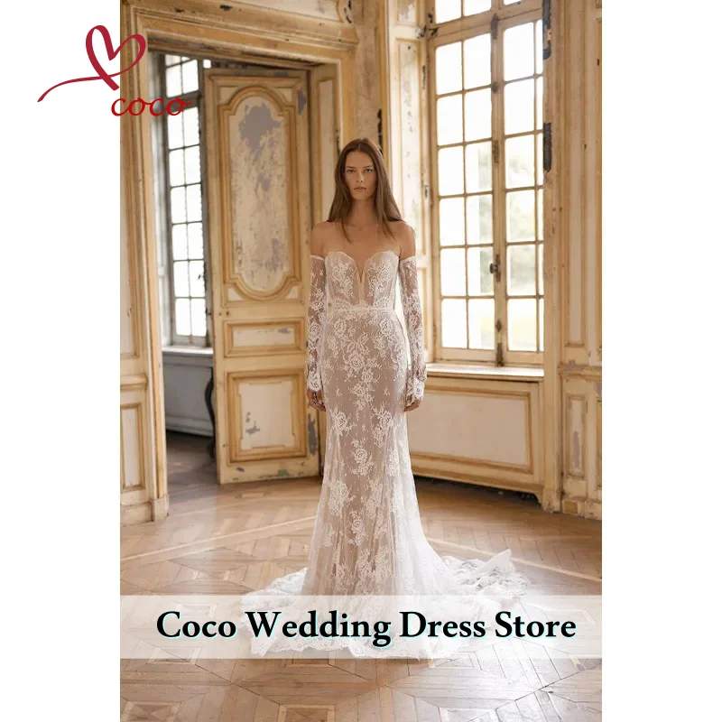 تخصيص مثير عارية الذراعين الدانتيل حورية البحر فساتين الزفاف قبالة الكتف طويلة الأكمام أثواب الزفاف الوهم بطانة فستان العروس #1