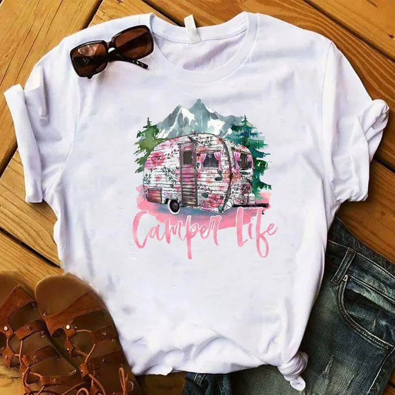 Fashion Women T Plus Size Happy Camper Floral Flower Road Trip Graphic Tee Shirt Femme Top Tshirt Female Ladies Clothes T-shirt