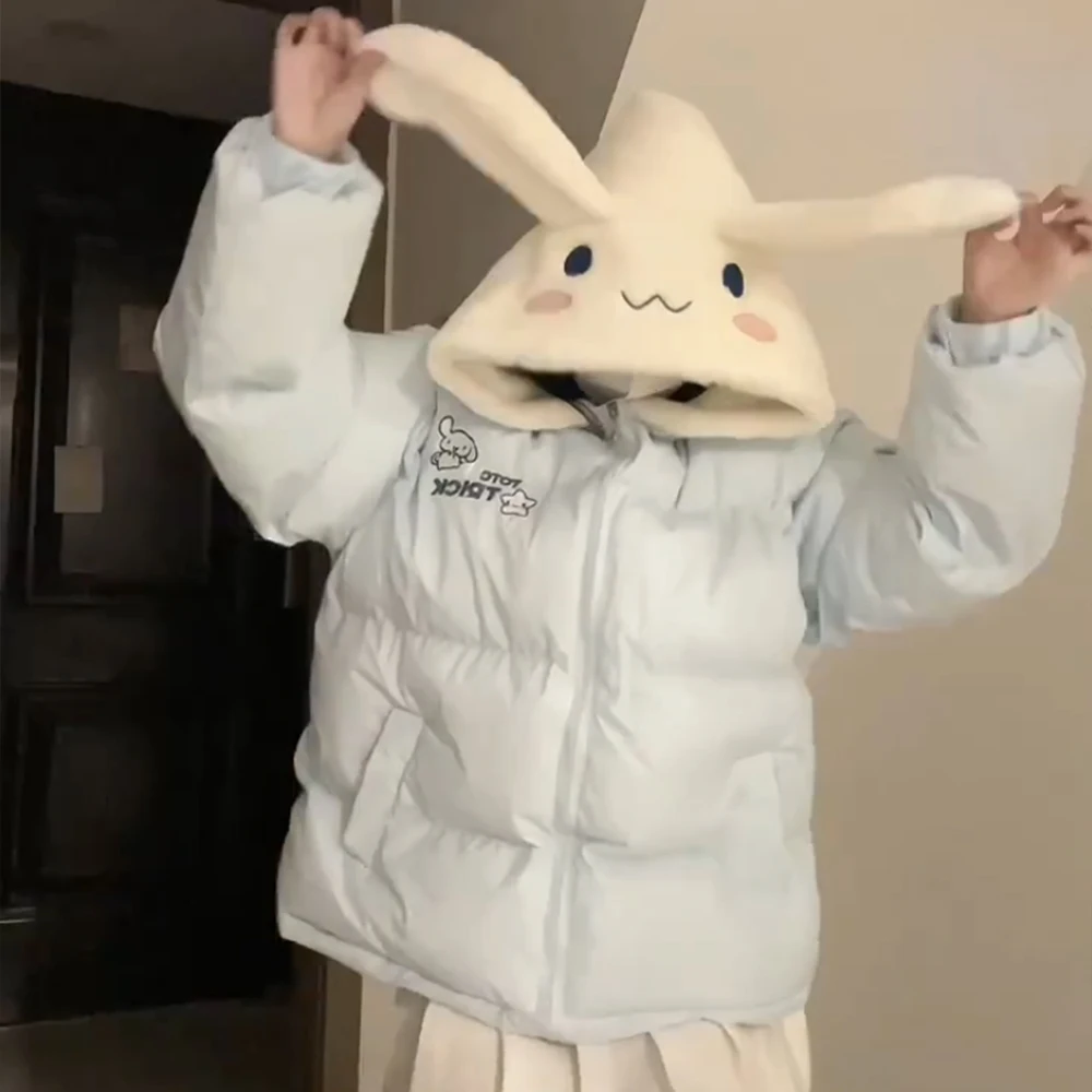 Sanrio Cinnamoroll Piumino invernale da donna Cartone animato Abiti in cotone Anime Addensare Cappotto con cappuccio Caldo carino Dolce Top Tempo libero Allentato
