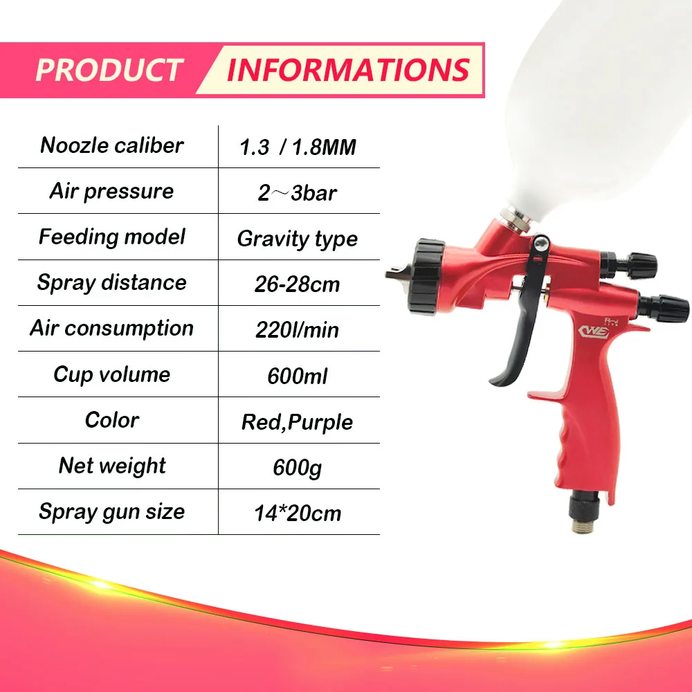Imagem -02 - Bico de para Pintura Pistola de Pulverização 600ml Cup 1.3 1.8 mm Novo Aço Inoxidável