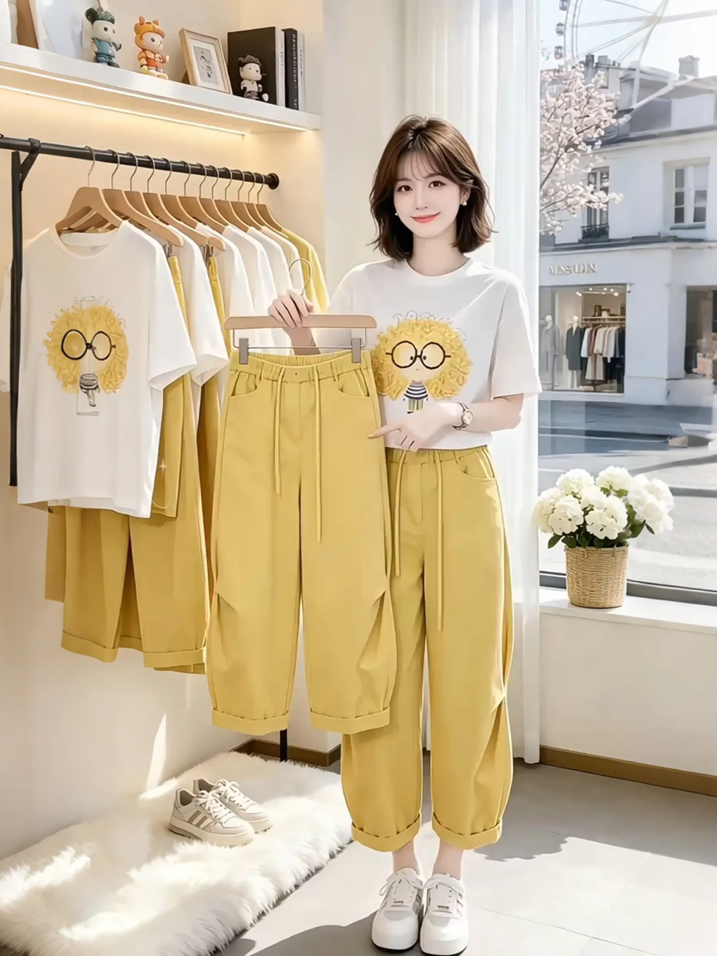 

2026 Summer Fashion Comfortable Loose Women's Print Short Sleeve Long Pants Set High Waist Breathable Midweight round Neck T-...