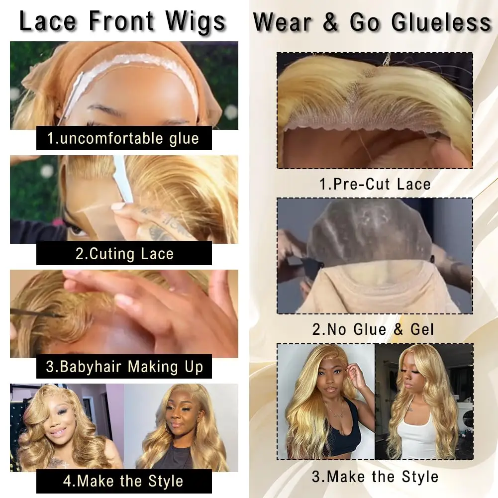 Perruque Lace Front Wig Body Wave naturelle sans colle, cheveux humains, couleur #27, couleur Wear and Go, 13x6, pre-plucked, couleur blond miel, pour femmes