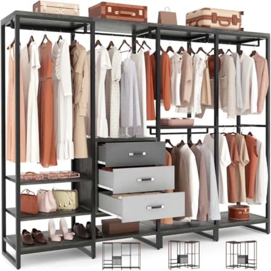Wood Clothes Rack Wardrobe Organizer for Hanging Clothes, Heavy Duty Garment Rack, Large Corner L Shaped Closet System with 3 W