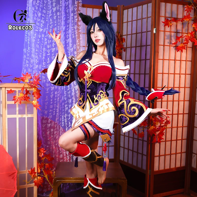 

ROLECOS Game LOL Wild Rift The Nine-Tailed Fox Ahri Cosplay Costume Ahri Halloween Women Red Dress Outfit Fullset Suit