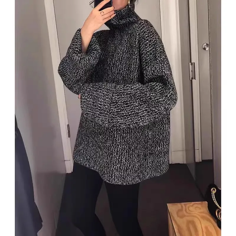 High-necked floral yarn lazy style 100% pure cashmere sweater for women, winter European high-end thick loose large sweater cove