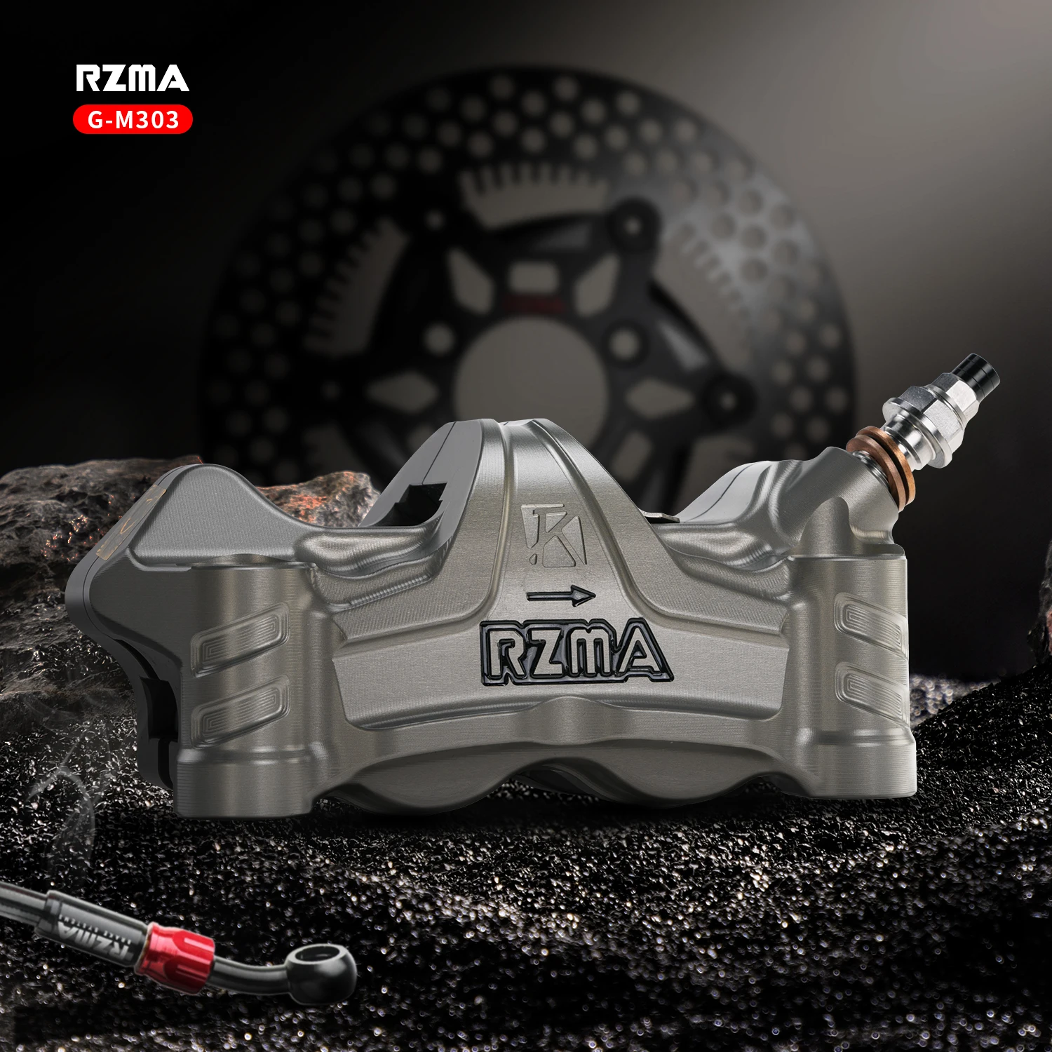 

RZMA G-M303 Motorcycle Brake Caliper with Dual-Lip Seals & Active Cooling - CNC Billet Aluminum 4-Piston, High-Performance (40%