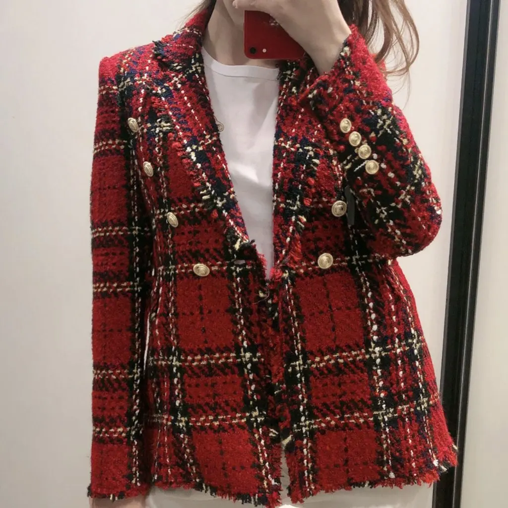 

Autumn Women's Slim Fit Long Sleeve Suit Jacket Coarse Plaid Design European American Style Wholesale Clothing