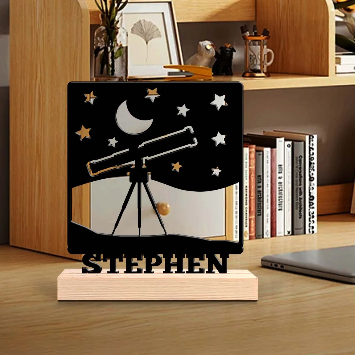1Pc Csutom Telescope Starry Sky Wooden Base Metal Art Ornament,Home Office Hotel Cafe Club Decor,Ideal Gift for Family Friends