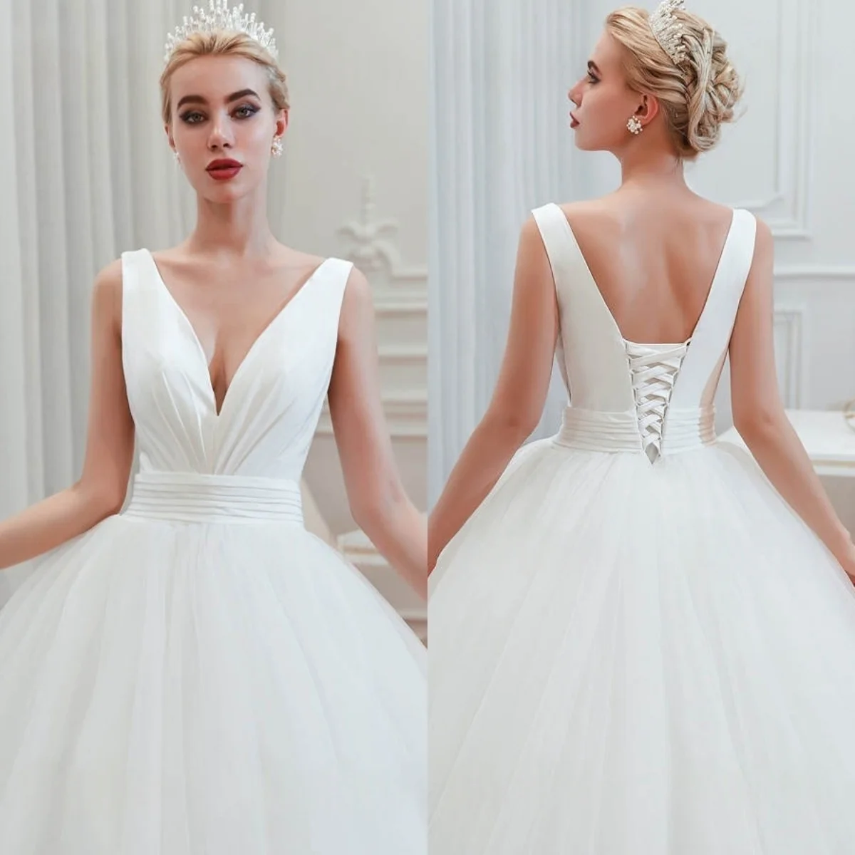 カスタマイズされた白いサテンチュールVネックシンプルなウェディングドレススパゲッティストラップレースアップバックブライダルパーティーベスティドデノビアモダン