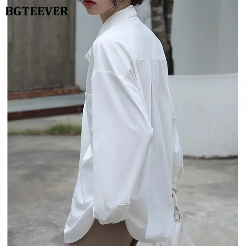 BGTEEVER Casual Turn-down Collar Ladies White Shirts Autumn Fashion Long Sleeve Loose Female Blouses Tops