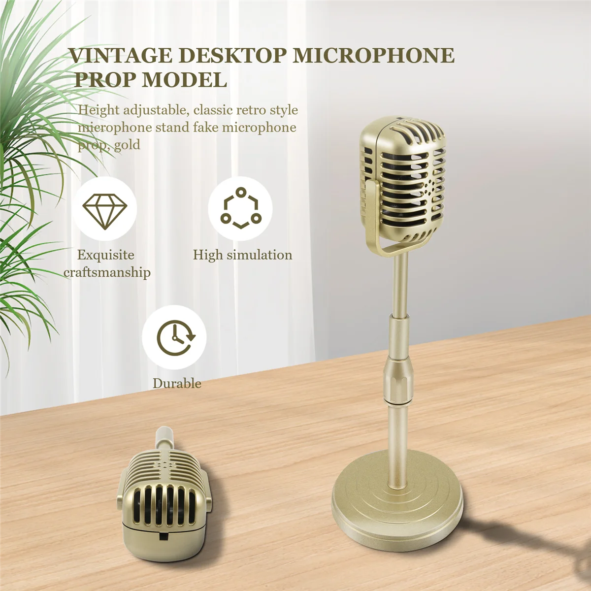 Vintage Desktop Microphone Prop Model with Adjustable Height, Classic Retro Style Microphone Stand Fake Mic Prop,Gold