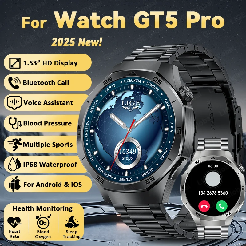

LIGE 2025 Новинка для GT5 Pro Смарт-часы Мужчины 360*360 HD Экран AI Голос Bluetooth Вызов Монитор сердечного ритма и здоровья Спортивные умные часы