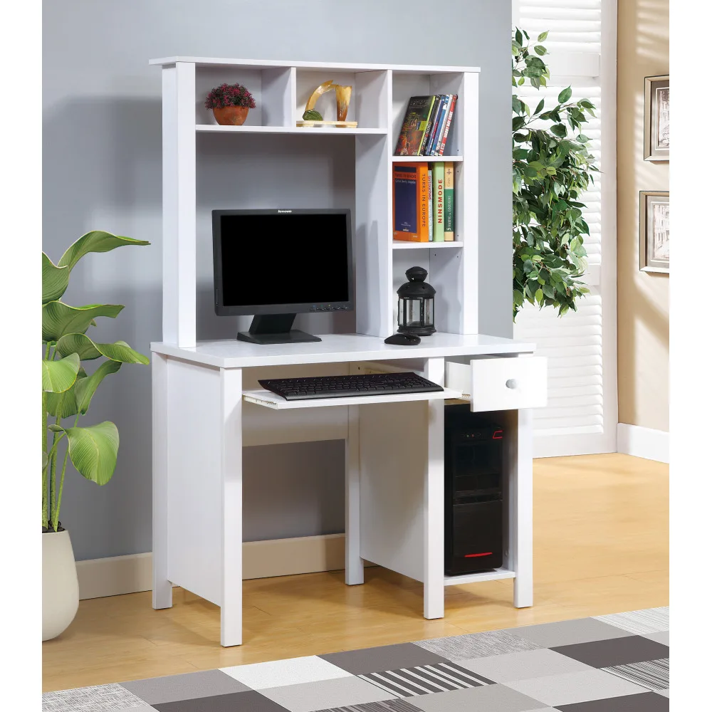 

39" Compact Home Office Desk with Hutch, White Writing Table with Drawer and Keyboard Tray, Wooden Knob