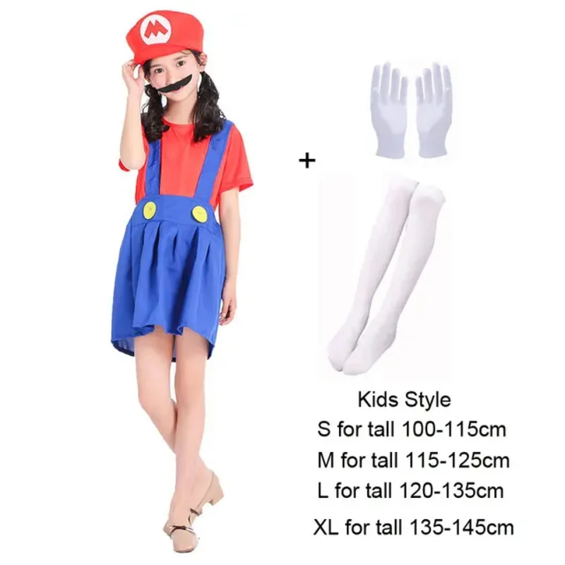 Mono de Super hermano para niñas y mujeres, disfraz de fontanero, disfraz de Luigi para niños y adultos, vestido, sombrero, guantes para Barba, calcetines, disfraz de Halloween