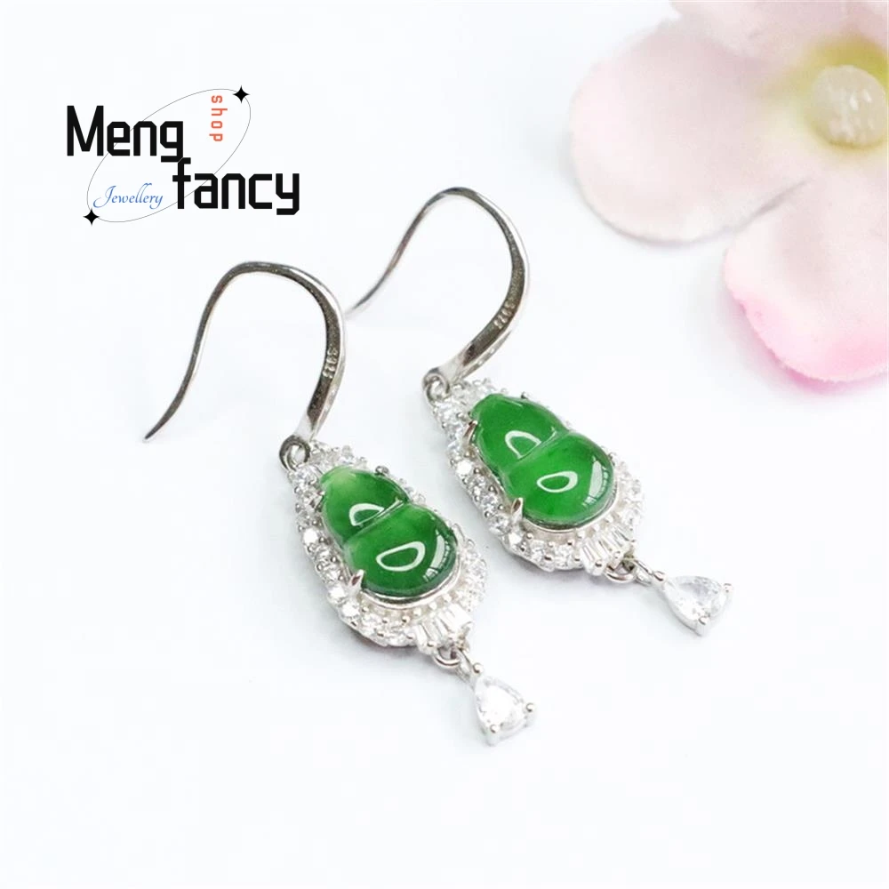 S925 Silver Lnlaid Natural Jadeite Ice Green Gourd Ear Hook Exquisite Elegant Simple High-grade Luxury Quality Fashion Jewelry