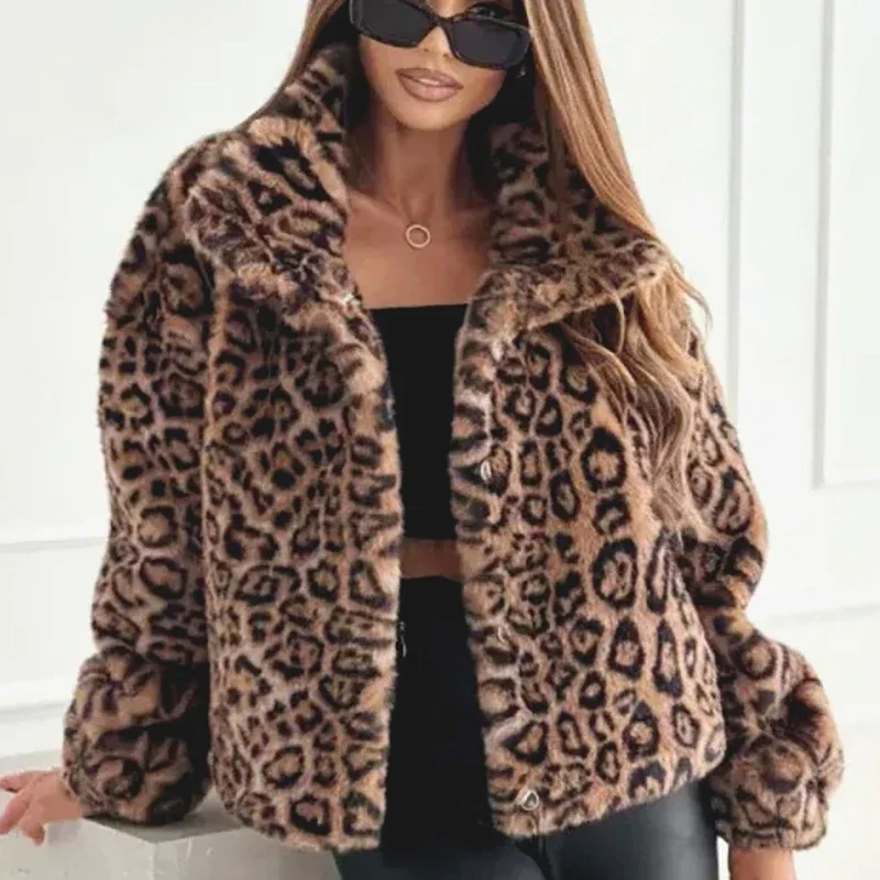 Loose Artificial Fur Jackets Leopard Print Fashionable Turn Up Neck Long Sleeve Women's Winter Outerwear Street Style Top Jacket