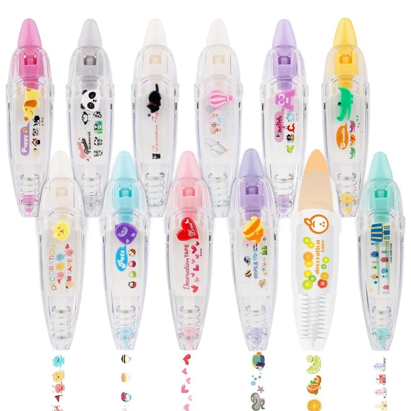 漫画プレスタイプ装飾ペン、アリーポケットテープペン、かわいい動物スクラップブッキング日記装飾、耐久性、C-12Pcs