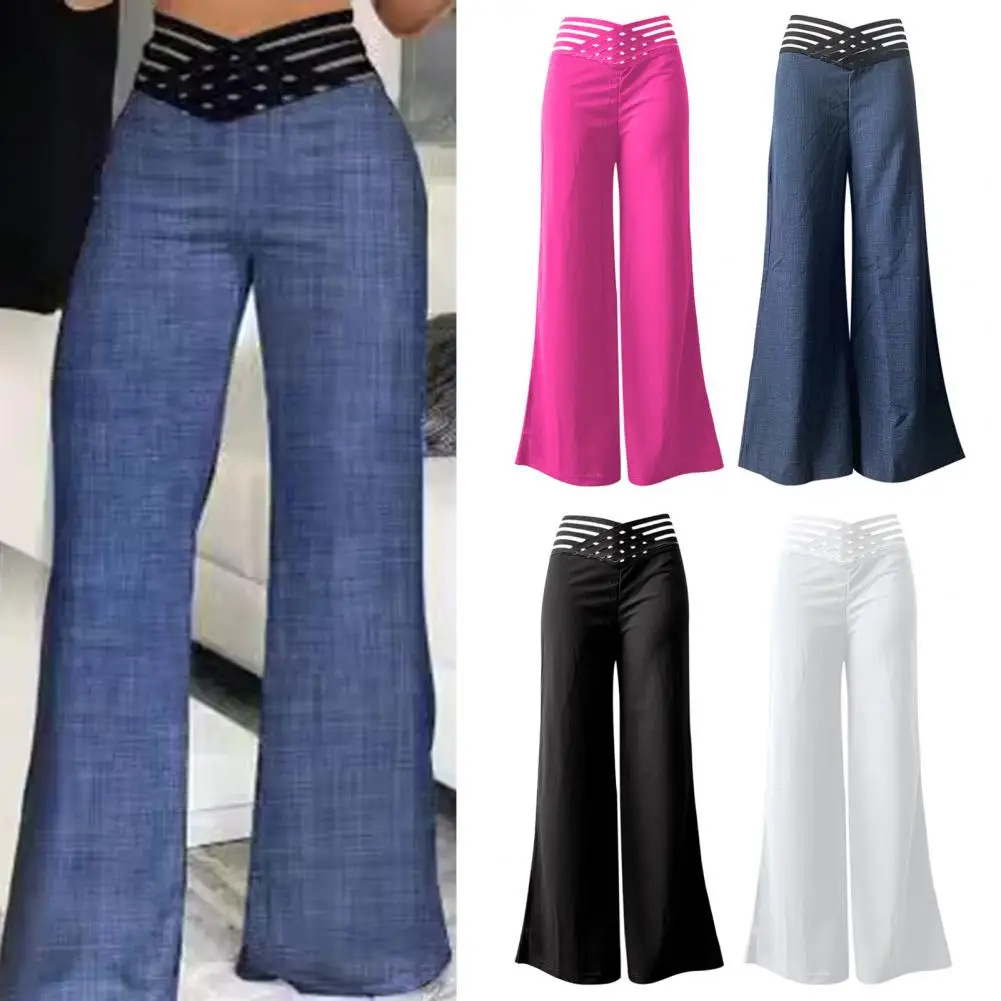 

Flared High Waist Pants Stylish Women's Wide Leg Pants with High Waist Hollow Cross Waistband for Casual for Streetwear