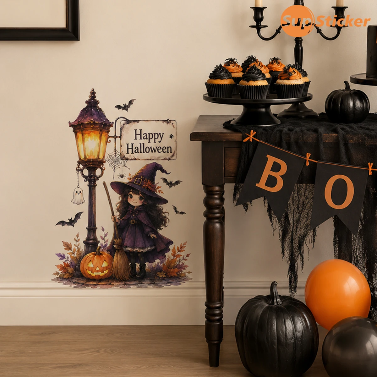 Watercolor Halloween Wall Sticker,Lamp Black Cat Pumpkin Bat Pattern,PVC,Self-Adhesive,Removable,No Residue,DIY Decor for Wall,F