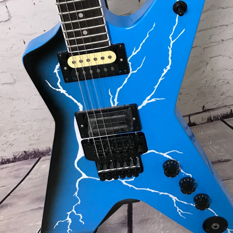 

V Shape Blue Black Burst Colour Electric Guitar Lightning Graphic Double Locking Tremolo for Heavy Metal Free Shipping