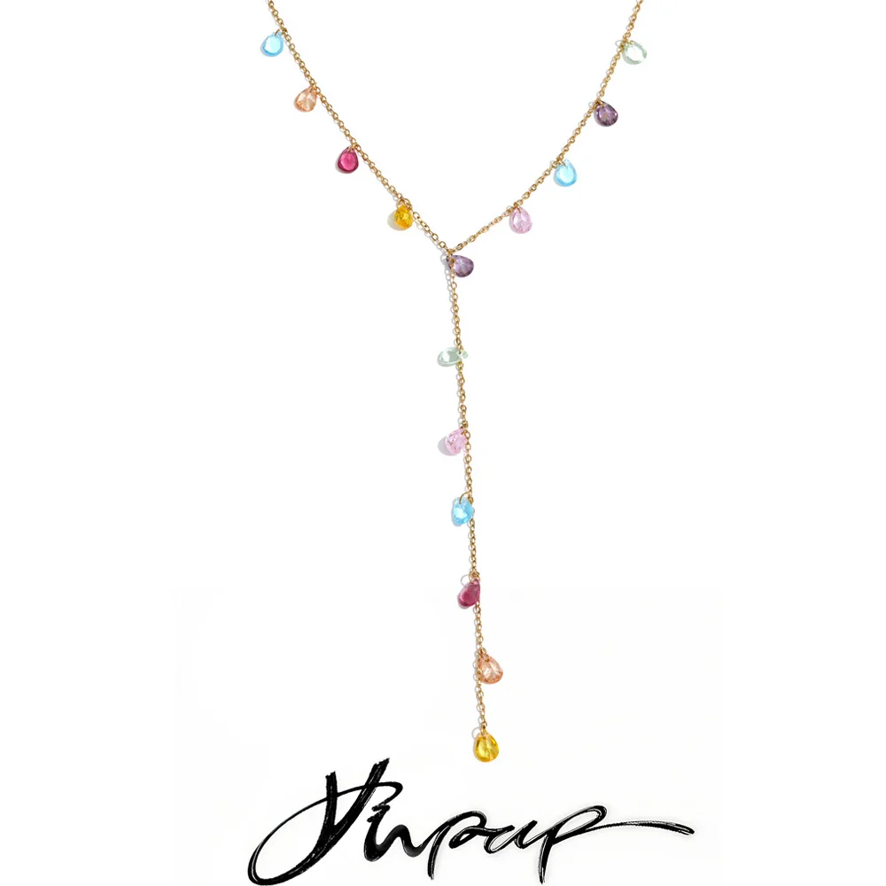 Yhpup Colorful Cubic Zirconia Drop Y Chain Necklace High Quality Stainless Steel Sexy Summer Y2K Charm Jewelry